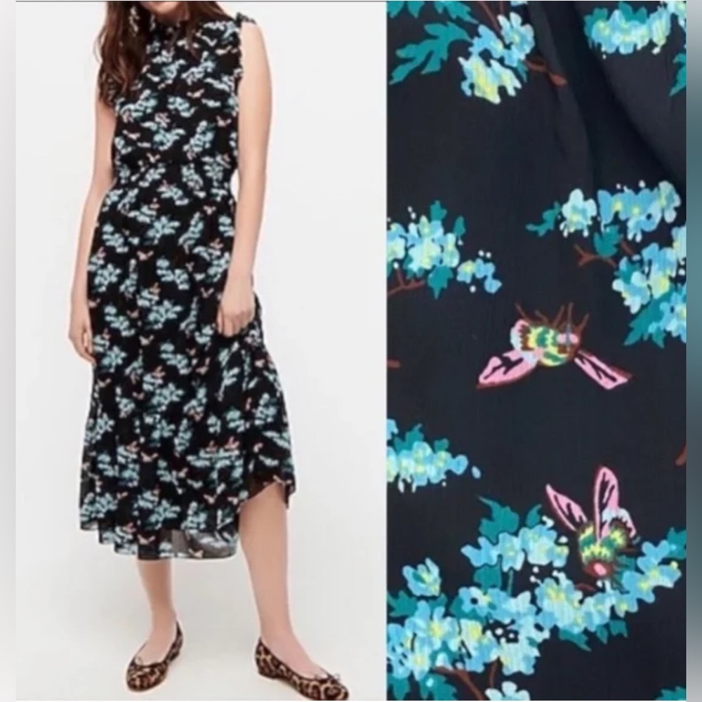 💵 NWT | J CREW Botanical Bees Midi Dress - Smocked Waist - Picture 4 of 10